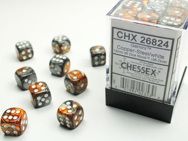 Chessex 12 mm D6 (36) Dice Block - Gemini - Copper/Steel White