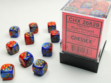 Chessex 12 mm D6 (36) Dice Block - Gemini - Blue/Red Gold