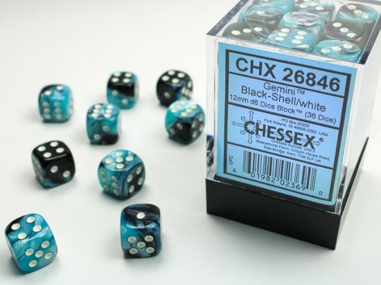 Chessex 12 mm D6 (36) Dice Block - Gemini - Black/Shell White