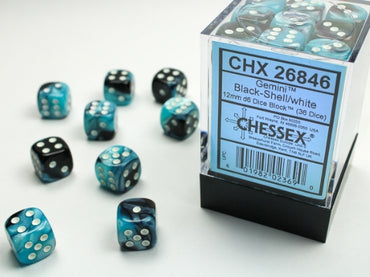 Chessex 12 mm D6 (36) Dice Block - Gemini - Black/Shell White