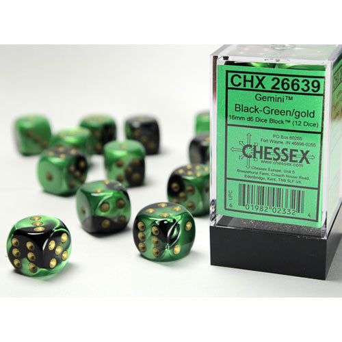 Chessex 16 MM - Gemini - Black-green/Gold